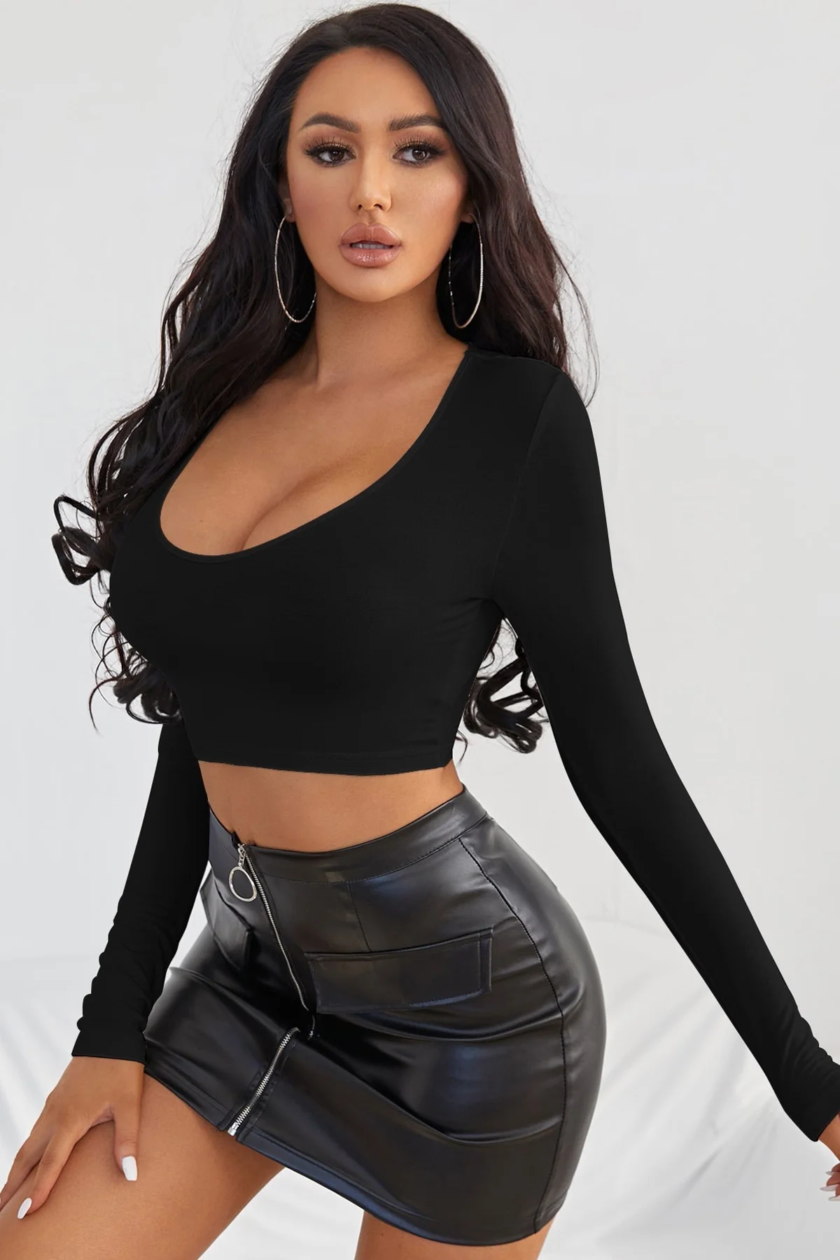 Defnada Kadın Mavi Uzun Kol Kare Yaka Crop Top Bluz
