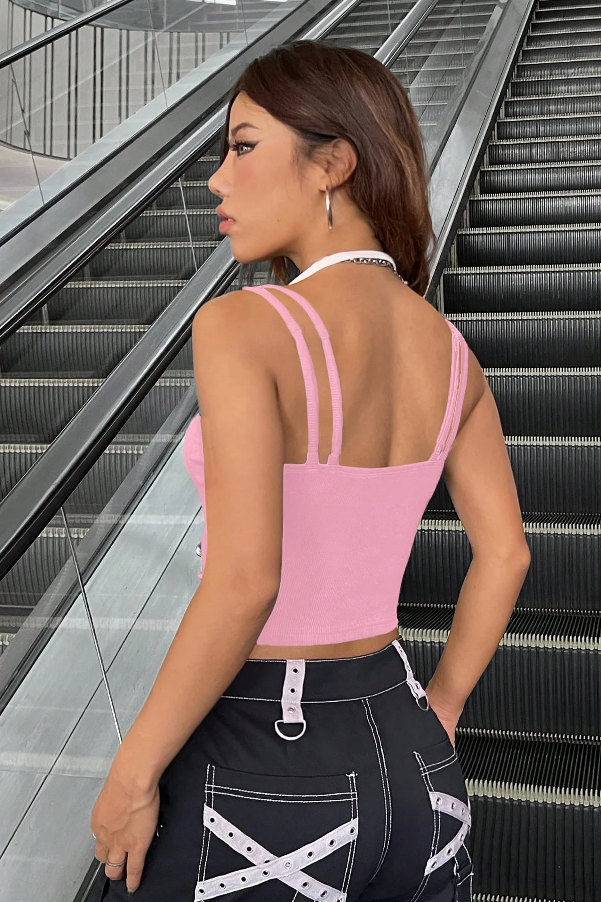 Defnada Kadın Pembe Beyaz Çift Renk Çapraz Askılı Crop Top Bluz