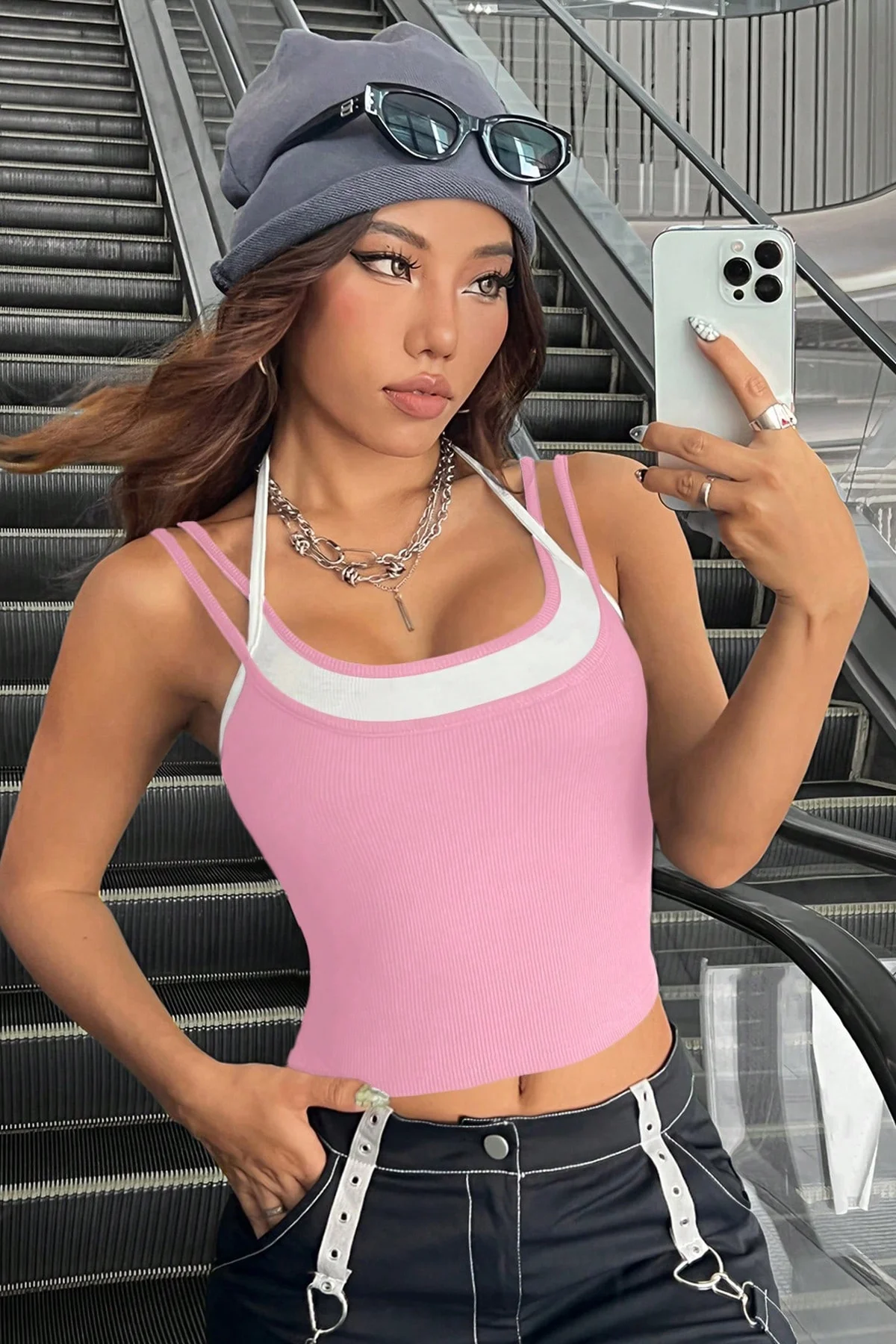 Defnada Kadın Pembe Beyaz Çift Renk Çapraz Askılı Crop Top Bluz