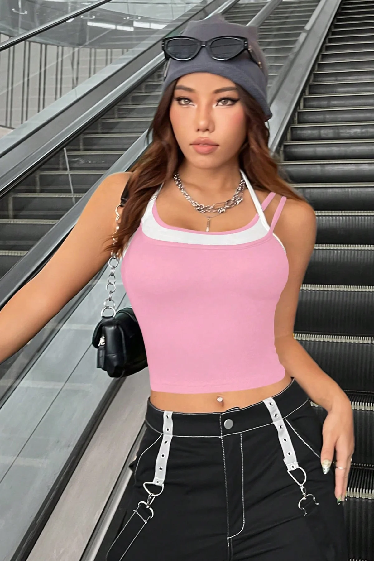 Defnada Kadın Pembe Beyaz Çift Renk Çapraz Askılı Crop Top Bluz