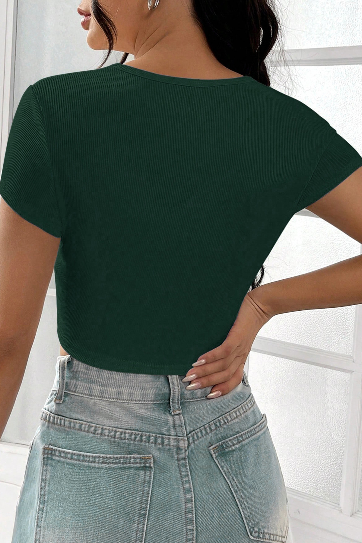 Defnada Kadın Yeşil Yarım Kol Düz Yaka Crop Top Bluz