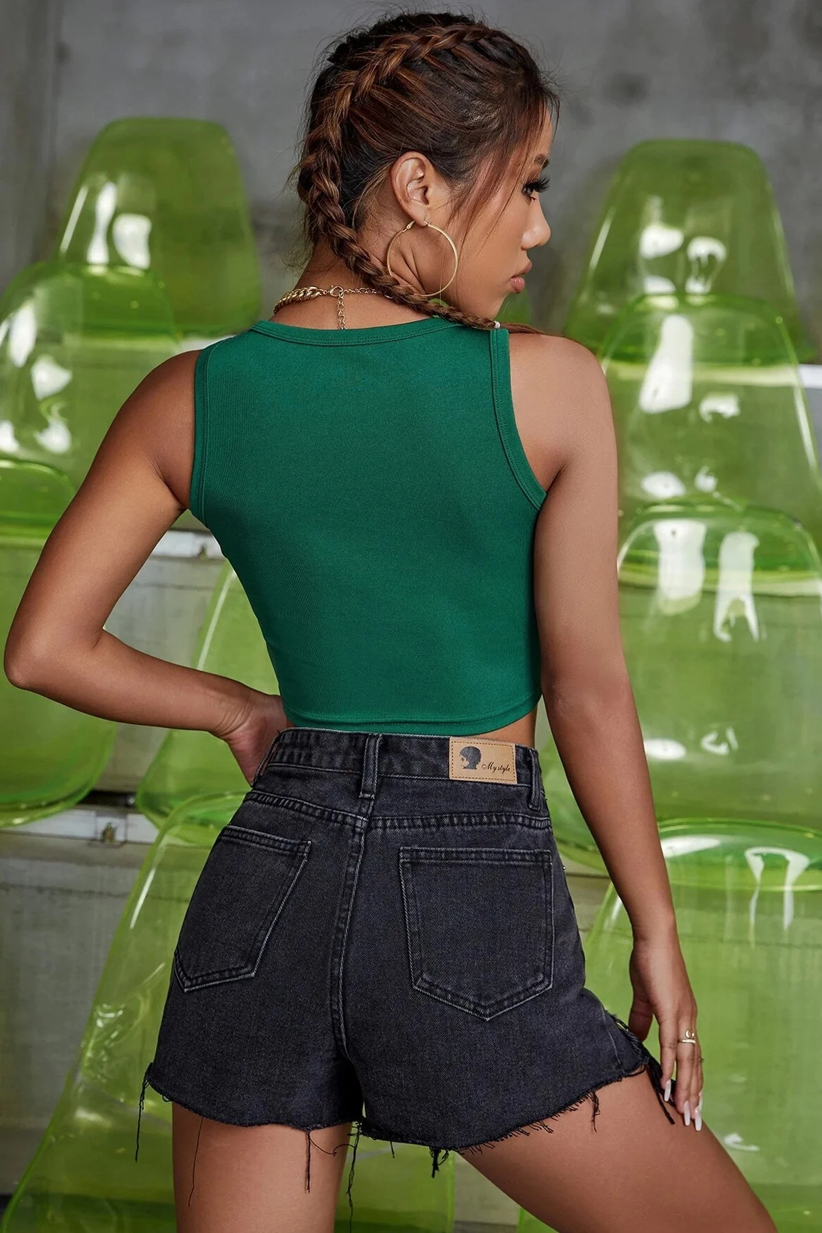 Defnada Kadın Yeşil Kare Yaka Crop Top Bluz