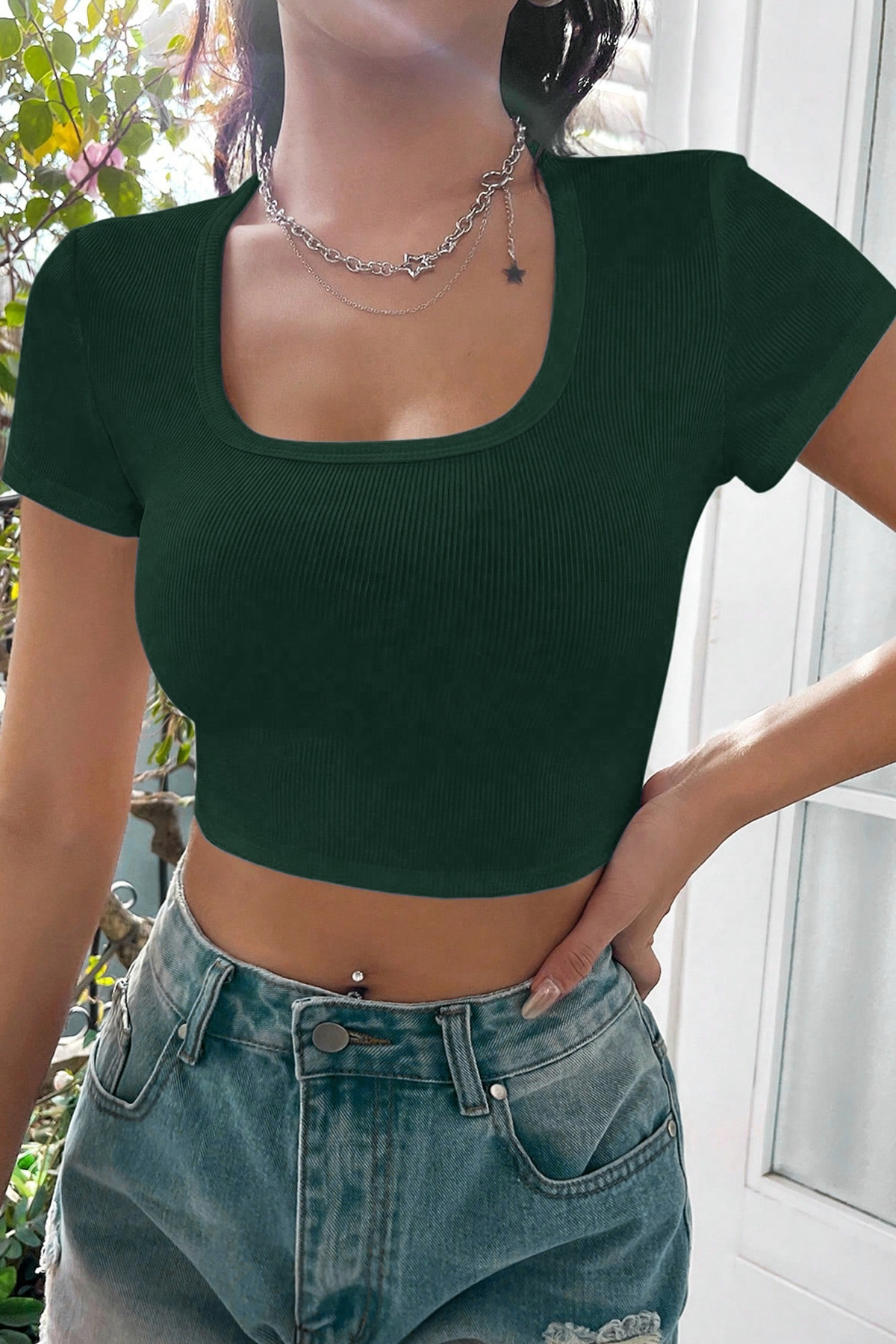 Defnada Kadın Yeşil Yarım Kol Düz Yaka Crop Top Bluz