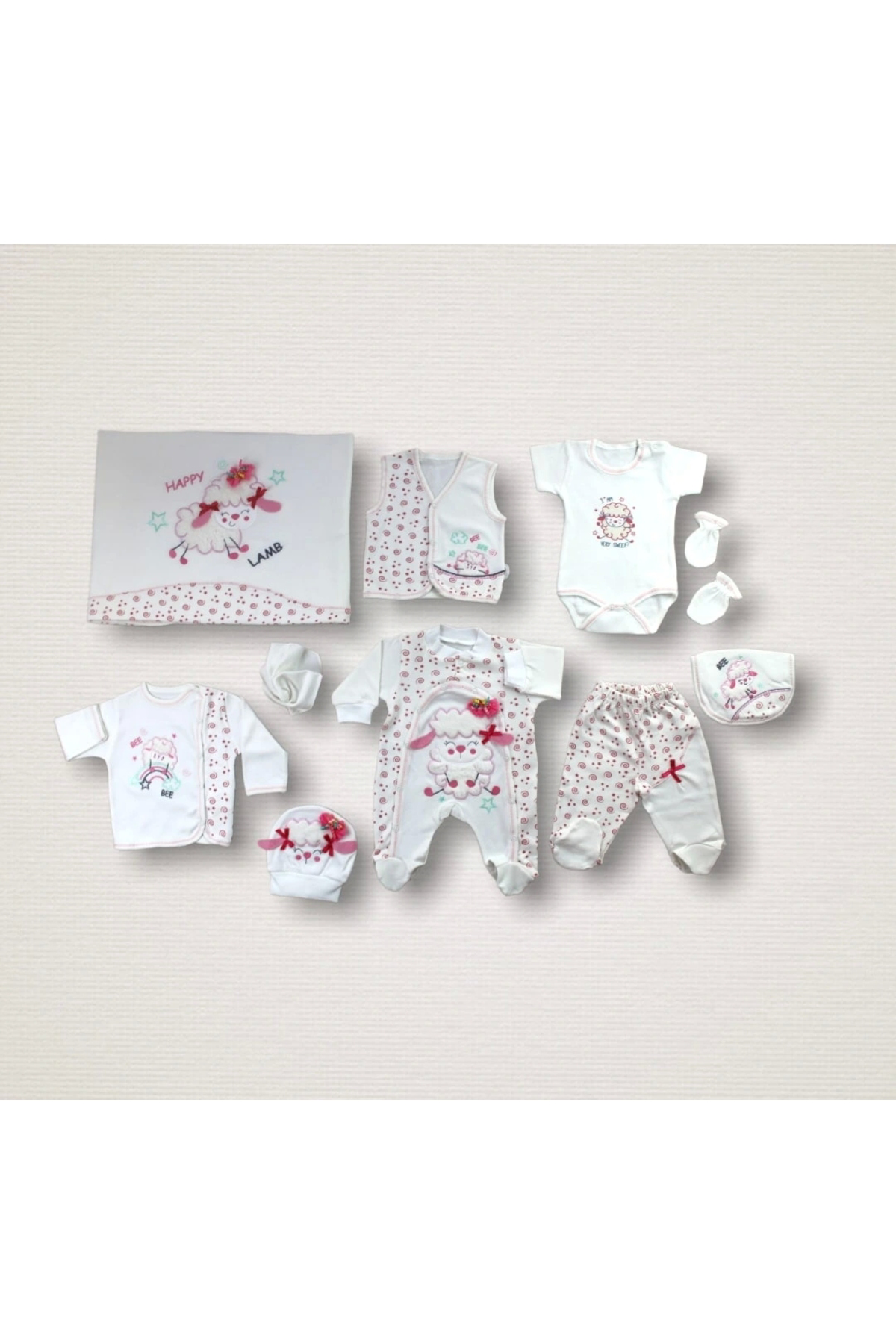 P Parla Defnada Kıvırcık Kuzu Nakışlı %100 Cotton 10Lu Zıbın Takımı Hasta