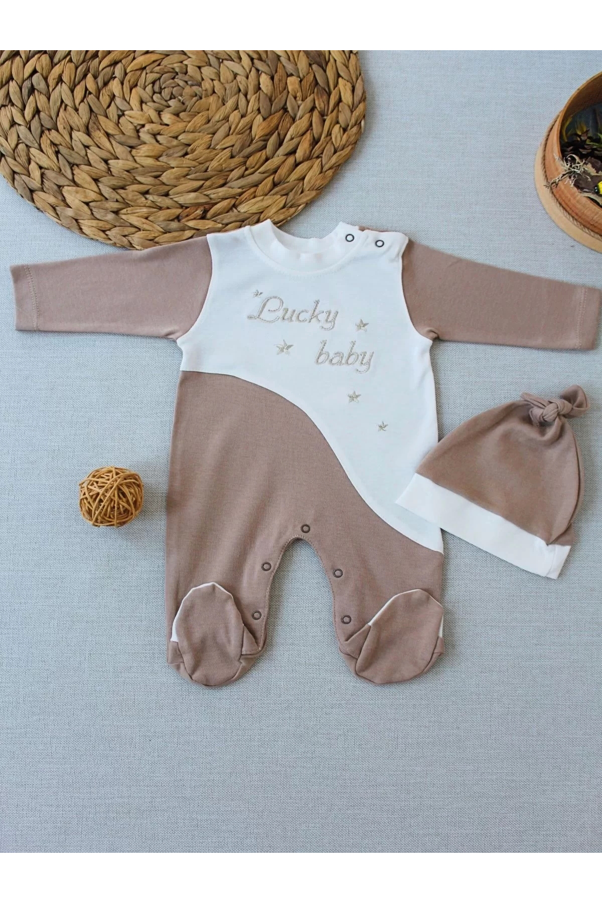 Shop58 Defnada Lucky Baby Nakışlı Es Çizgi Boy Şapkalı Erkek Bebek Tulum