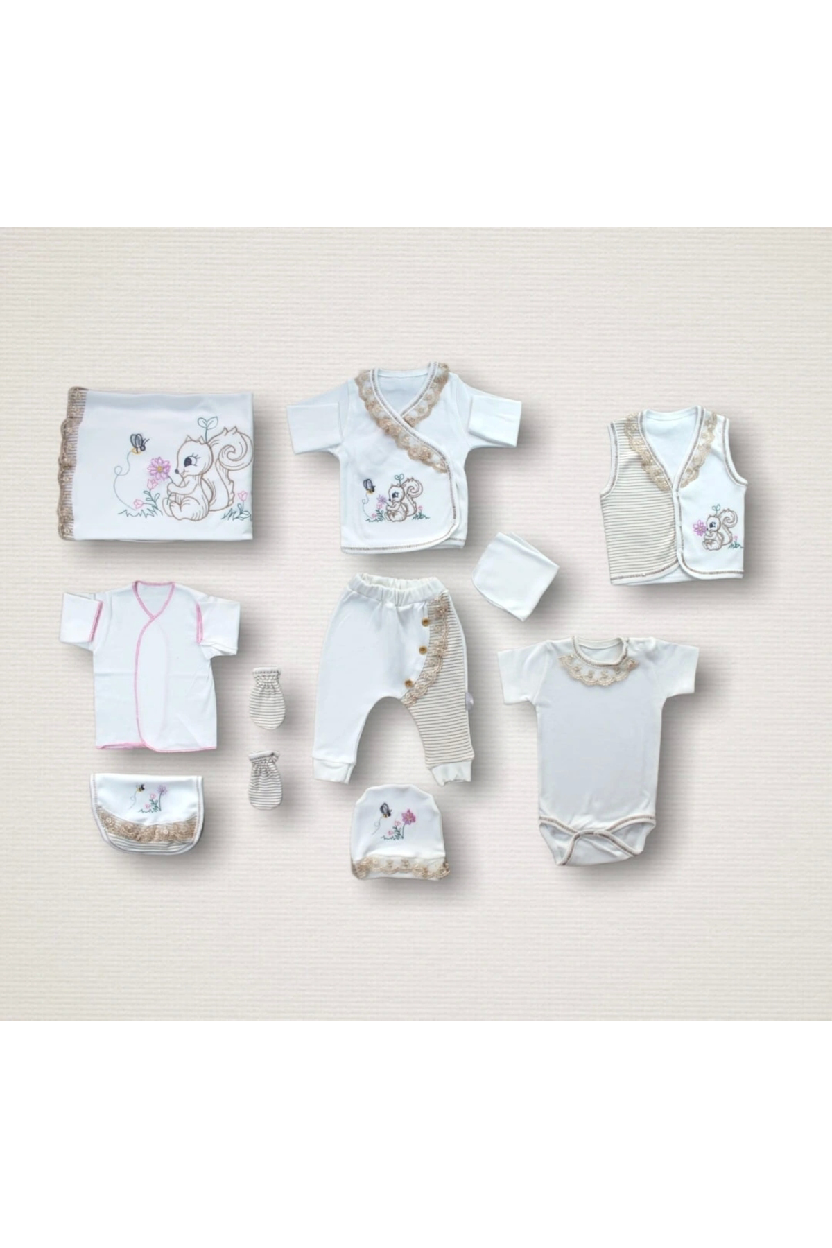 P Parla Defnada Minik Sincap Nakışlı %100 Cotton 10Lu Zıbın Takımı Hastan