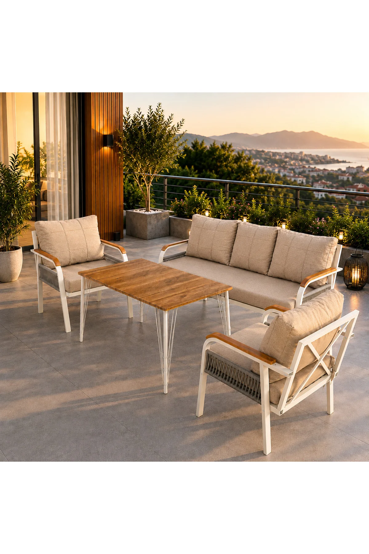 Defne 311 Masalı Bej Örgülü Bahçe Oturma Grubu Metal İskelet Balkon Teras Takımı