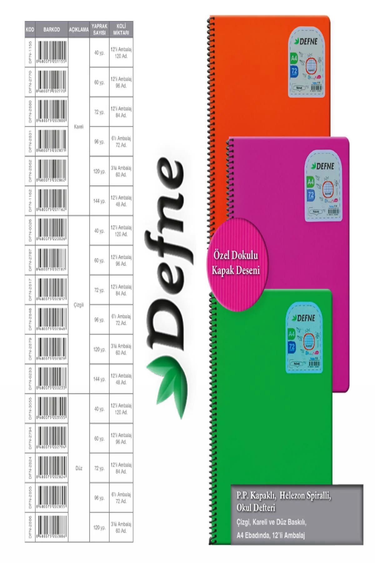 Defne Nova A4 Spiralli Pp Kapak Defter 96 Yaprak Kareli DFN-2831