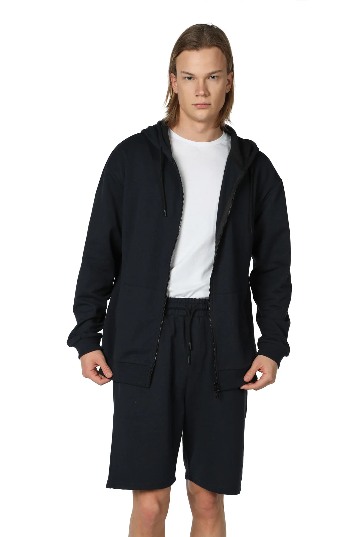 Defy's Arda Erkek %100 Pamuk 2 İplik Şardonsuz Oversize Kapüşonlu Fermuarlı Lacivert Sweatshirt
