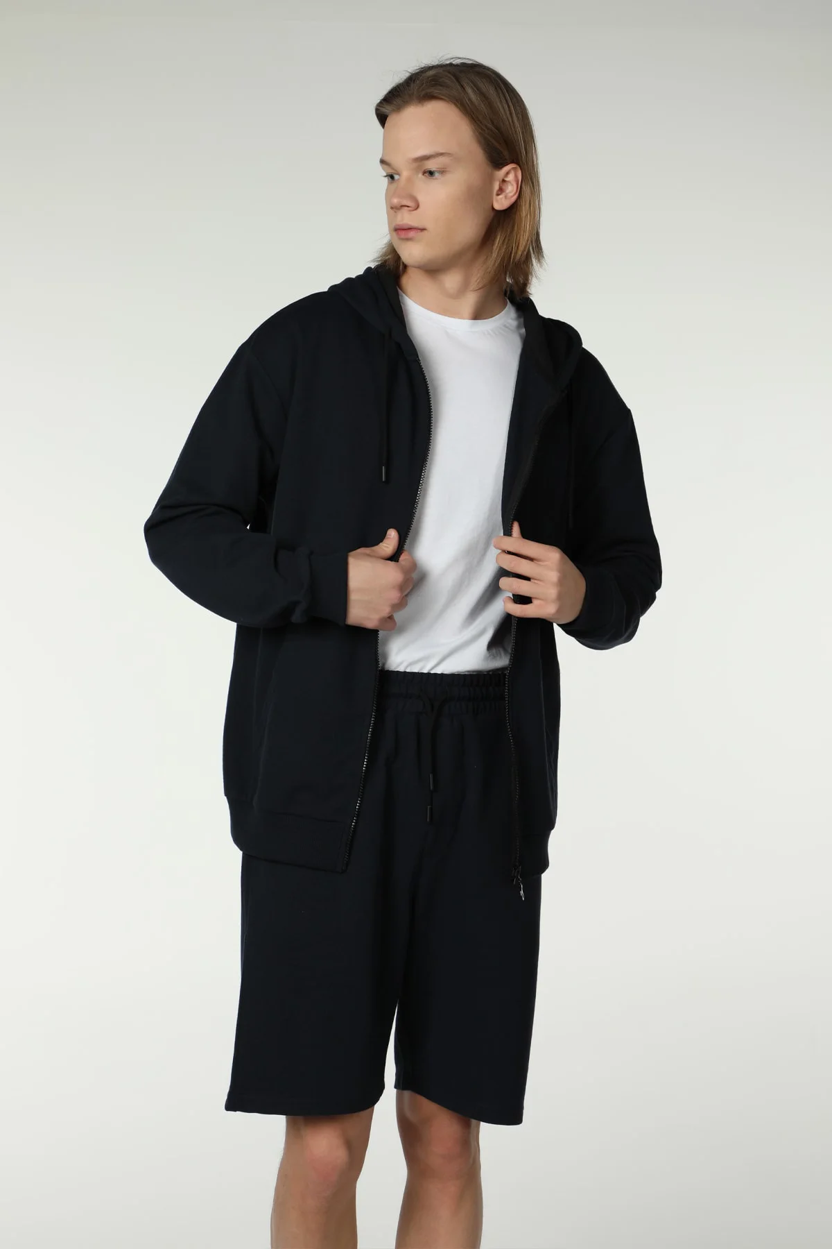 Defy's Arda Erkek %100 Pamuk 2 İplik Şardonsuz Oversize Kapüşonlu Fermuarlı Lacivert Sweatshirt