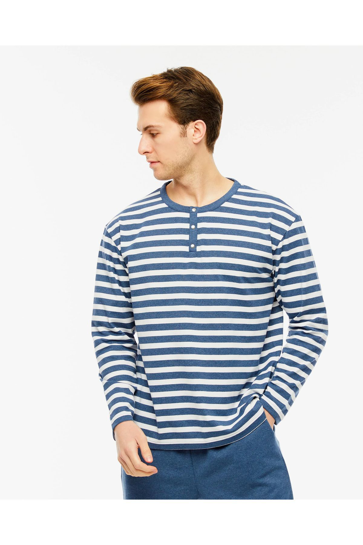 Erkek Çıtçıt Detaylı Uzun Kollu Regular Fit Çizgili Tişört Siyah-
