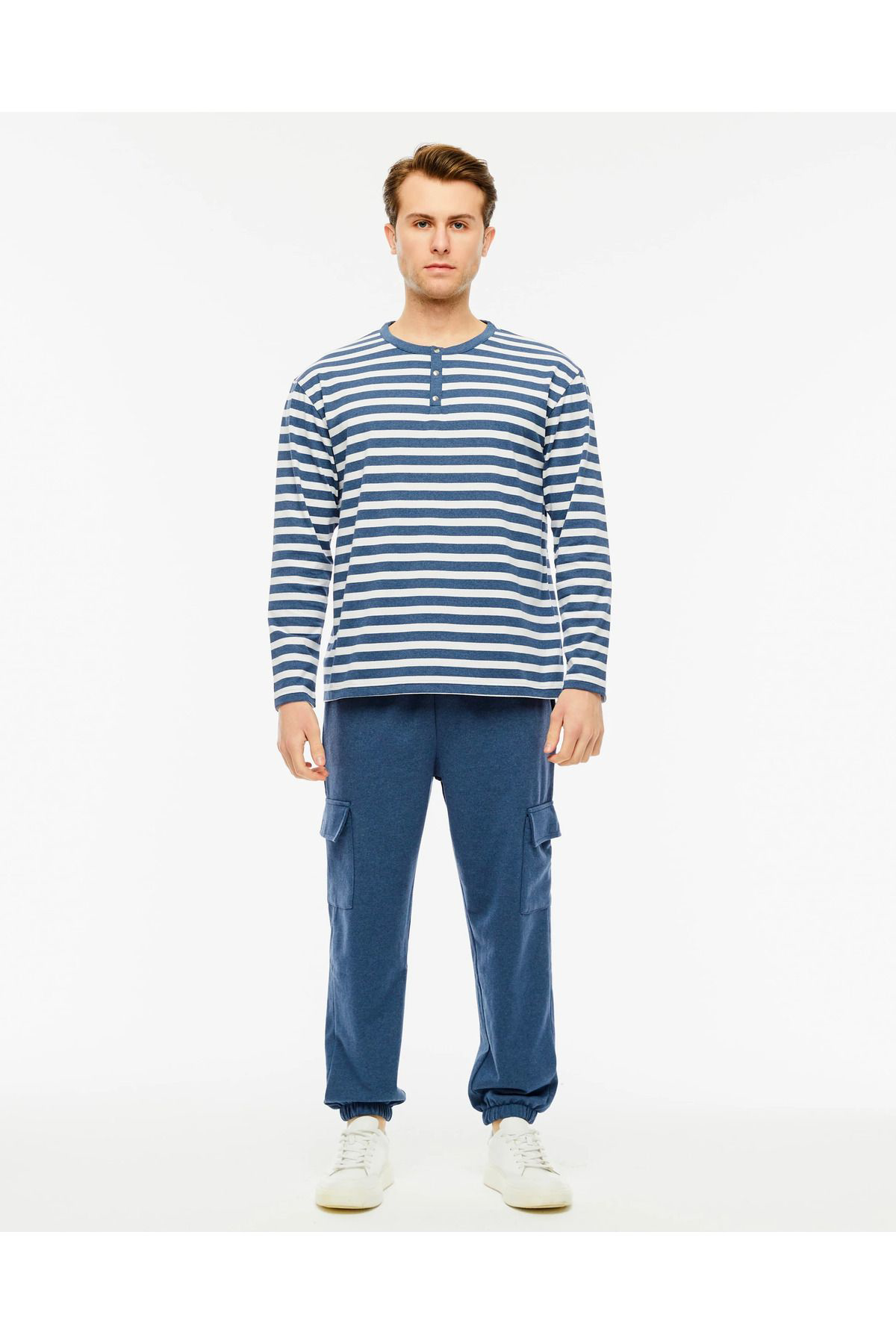 Erkek Çıtçıt Detaylı Uzun Kollu Regular Fit Çizgili Tişört Siyah-