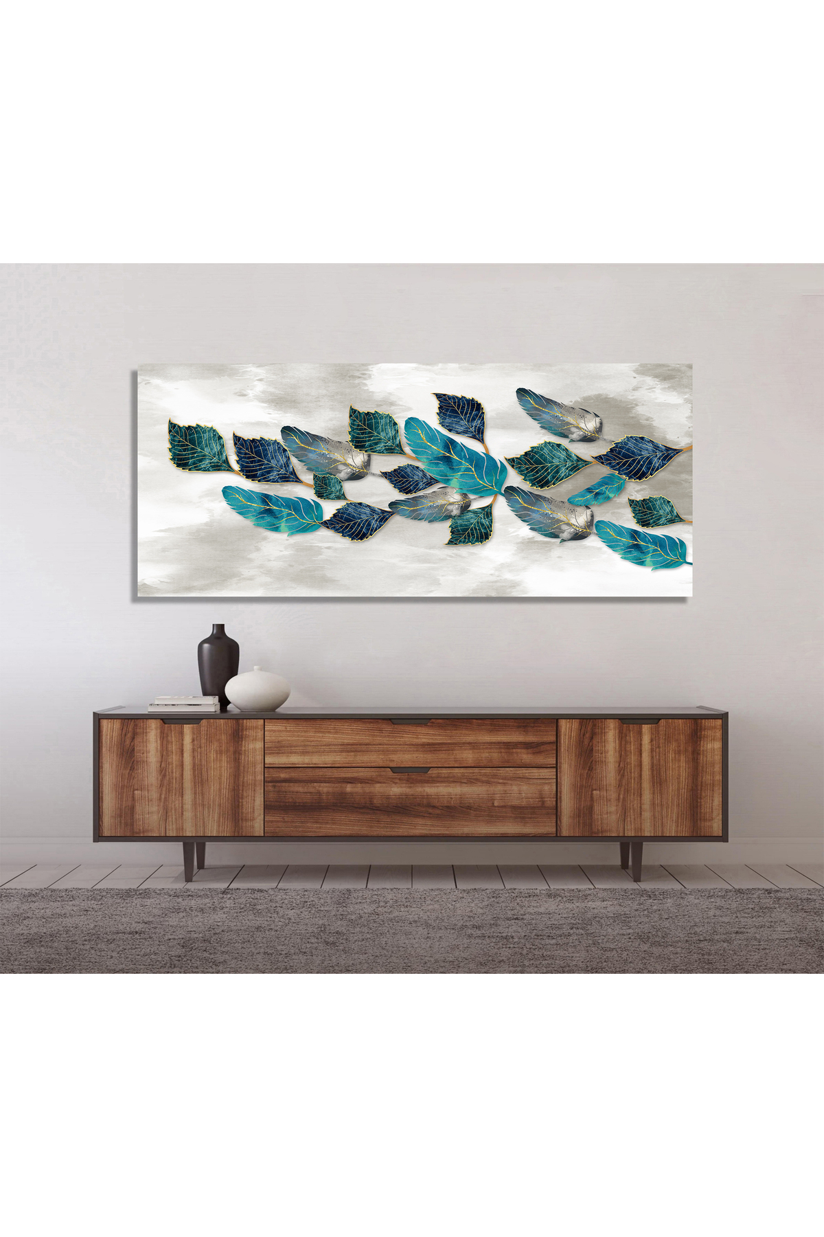 Korkmazkanvas Dekoratif 3D Sanat .Turkuaz , Altın Ve Gri Tüyler. Kanvas Tablo