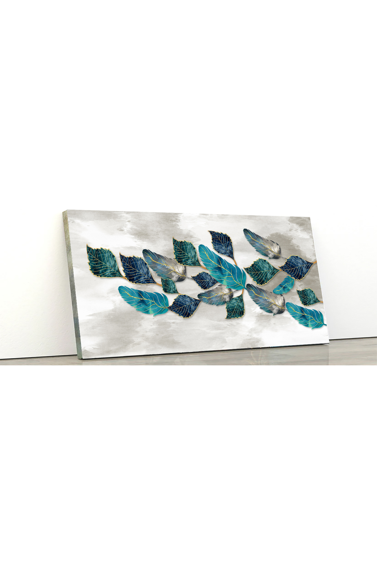 Korkmazkanvas Dekoratif 3D Sanat .Turkuaz , Altın Ve Gri Tüyler. Kanvas Tablo