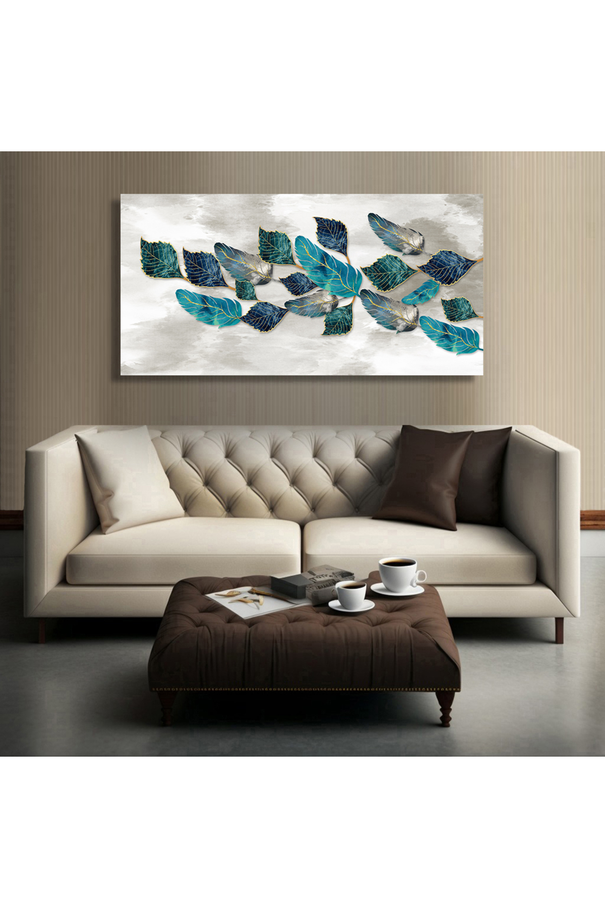 Korkmazkanvas Dekoratif 3D Sanat .Turkuaz , Altın Ve Gri Tüyler. Kanvas Tablo