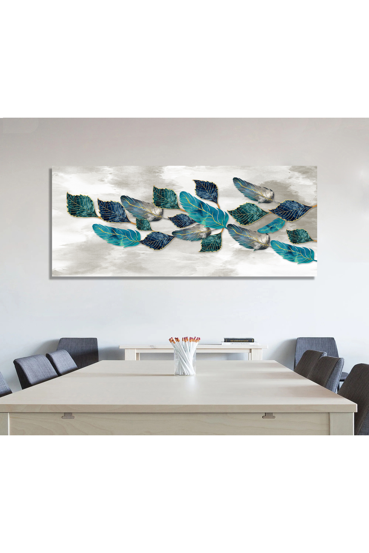 Korkmazkanvas Dekoratif 3D Sanat .Turkuaz , Altın Ve Gri Tüyler. Kanvas Tablo