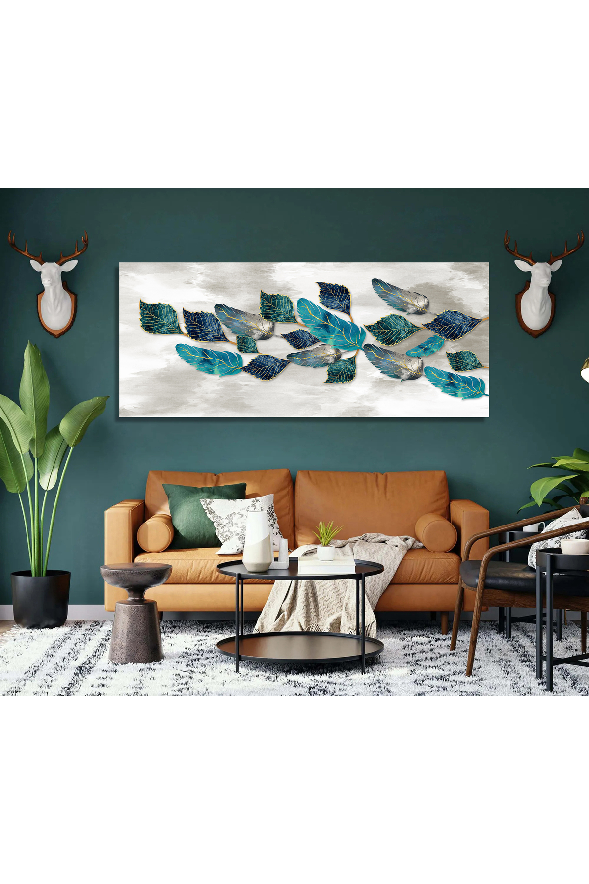 Korkmazkanvas Dekoratif 3D Sanat .Turkuaz , Altın Ve Gri Tüyler. Kanvas Tablo