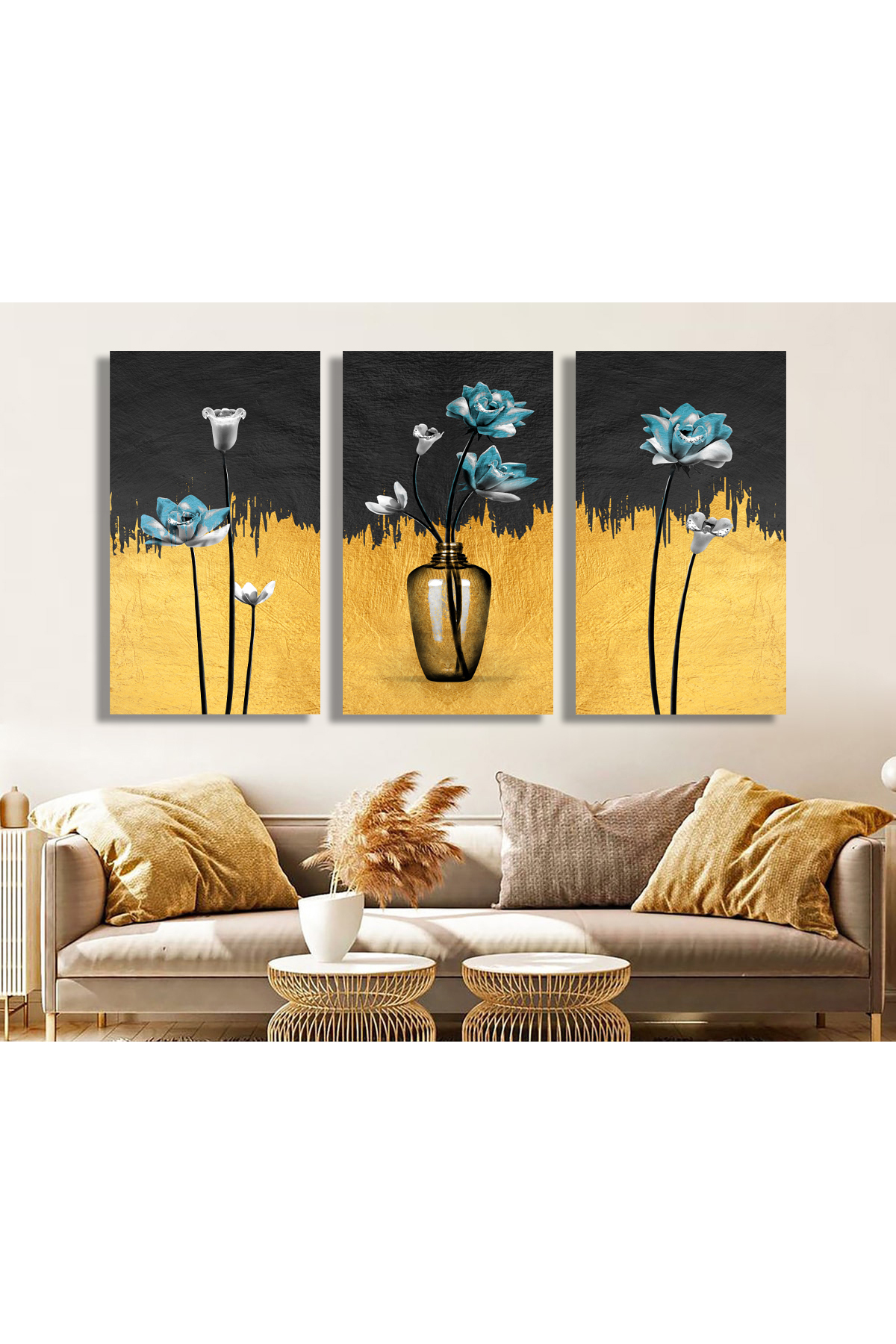 Korkmazkanvas Dekoratif 3'Lü Sarı Siyah Çiçek Desen 5. Kanvas Tablo