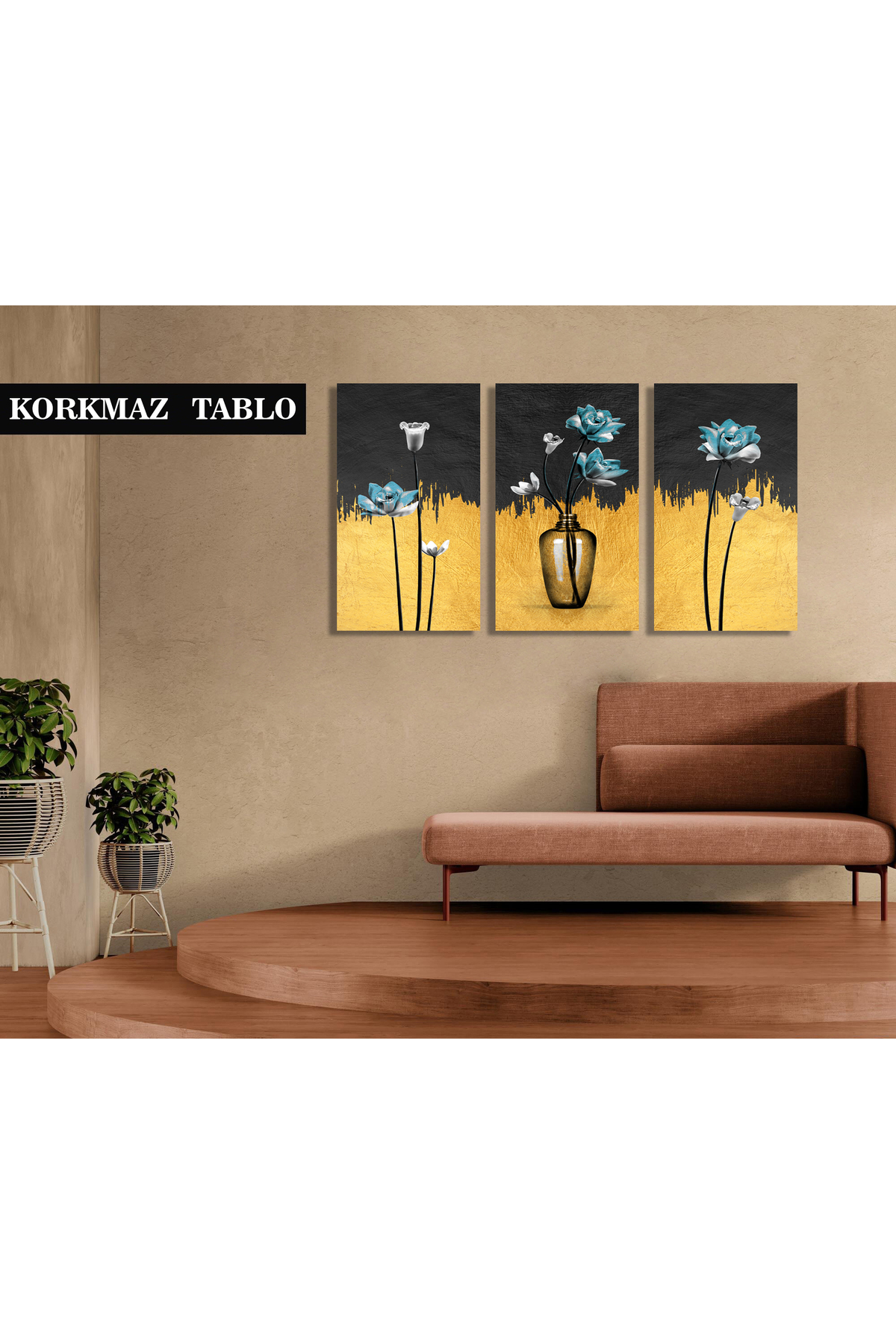 Korkmazkanvas Dekoratif 3'Lü Sarı Siyah Çiçek Desen 5. Kanvas Tablo