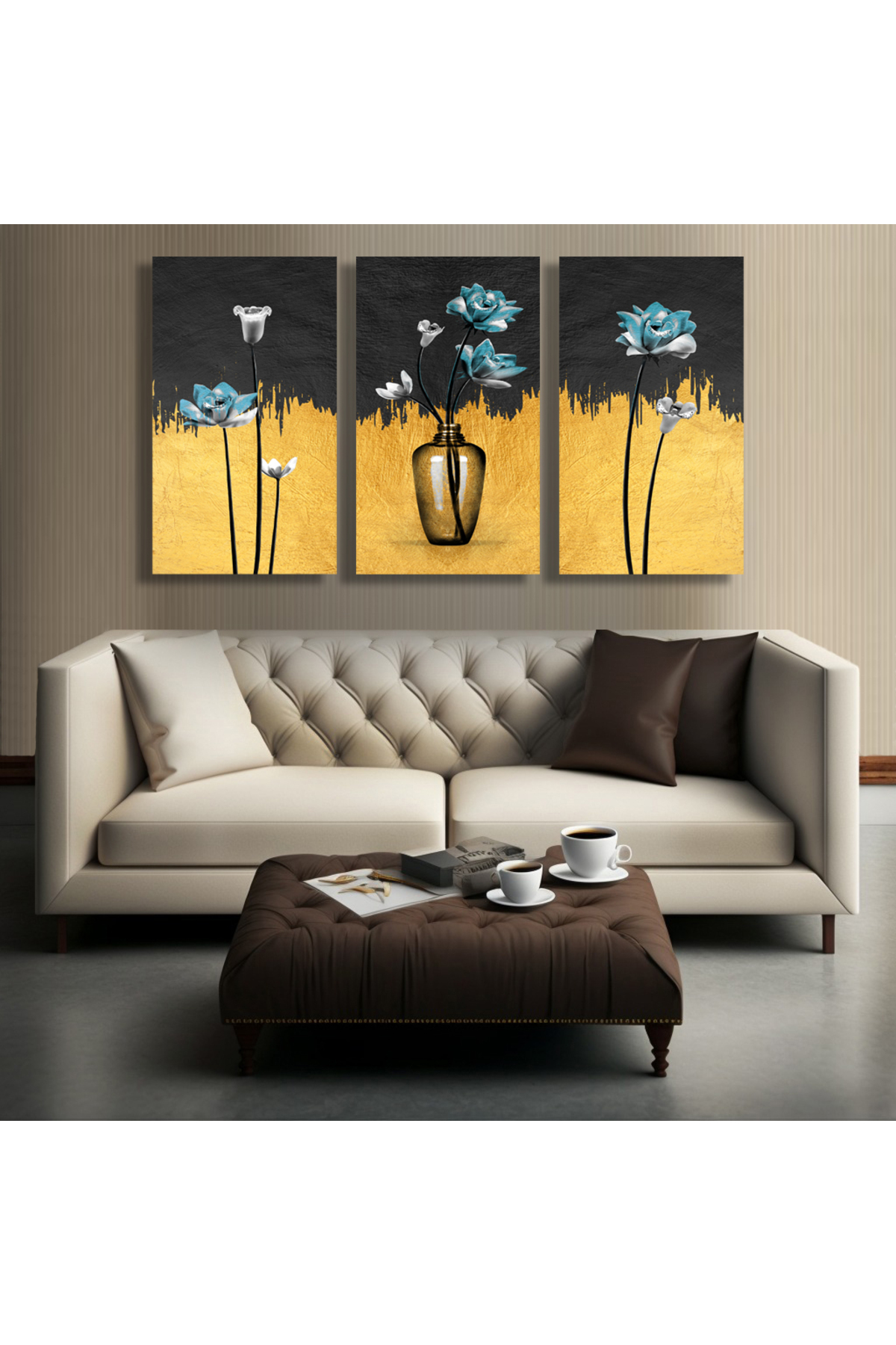 Korkmazkanvas Dekoratif 3'Lü Sarı Siyah Çiçek Desen 5. Kanvas Tablo