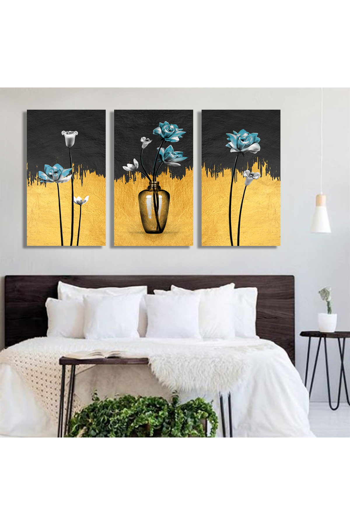 Korkmazkanvas Dekoratif 3'Lü Sarı Siyah Çiçek Desen 5. Kanvas Tablo