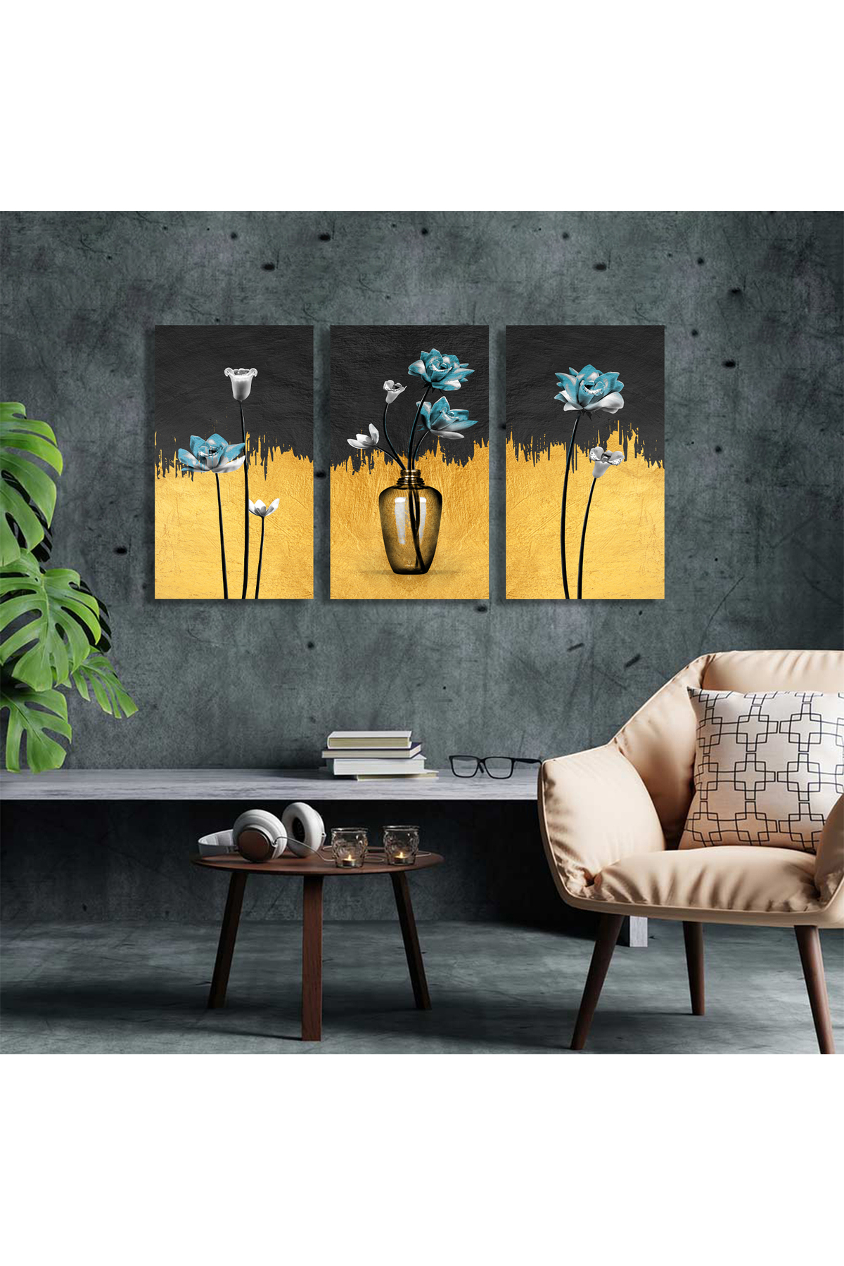 Korkmazkanvas Dekoratif 3'Lü Sarı Siyah Çiçek Desen 5. Kanvas Tablo