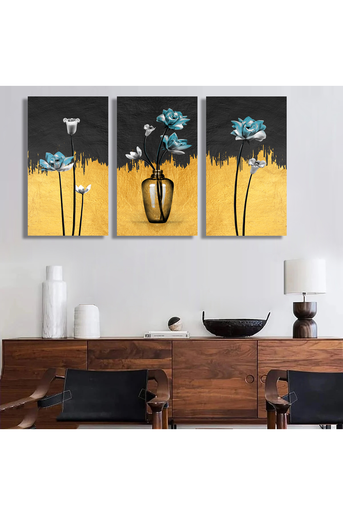 Korkmazkanvas Dekoratif 3'Lü Sarı Siyah Çiçek Desen 5. Kanvas Tablo