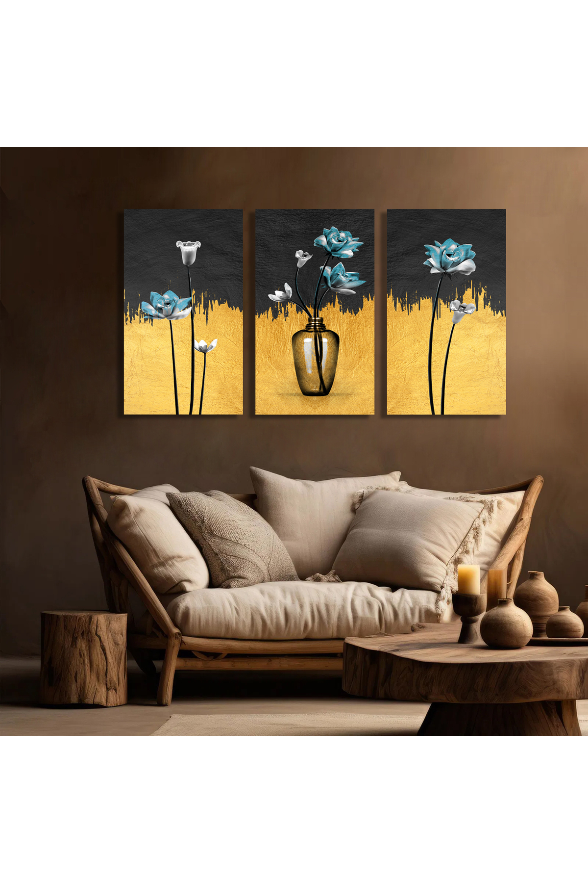 Korkmazkanvas Dekoratif 3'Lü Sarı Siyah Çiçek Desen 5. Kanvas Tablo