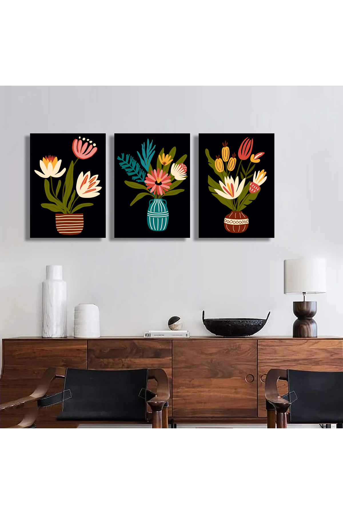 Korkmazkanvas Dekoratif 3'Lü Siyah Çiçek Desen 6. Kanvas Tablo