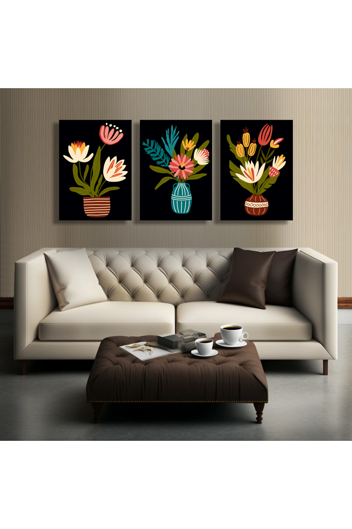 Korkmazkanvas Dekoratif 3'Lü Siyah Çiçek Desen 6. Kanvas Tablo