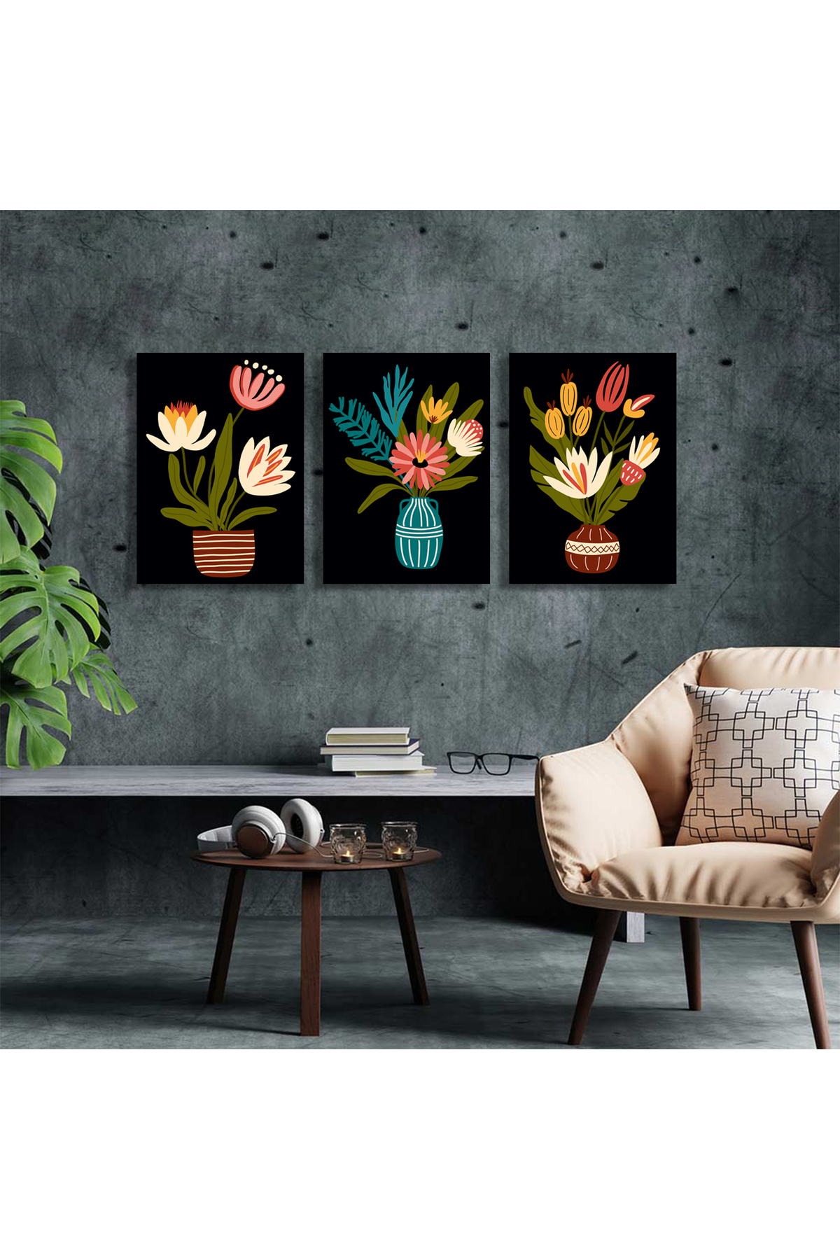 Korkmazkanvas Dekoratif 3'Lü Siyah Çiçek Desen 6. Kanvas Tablo