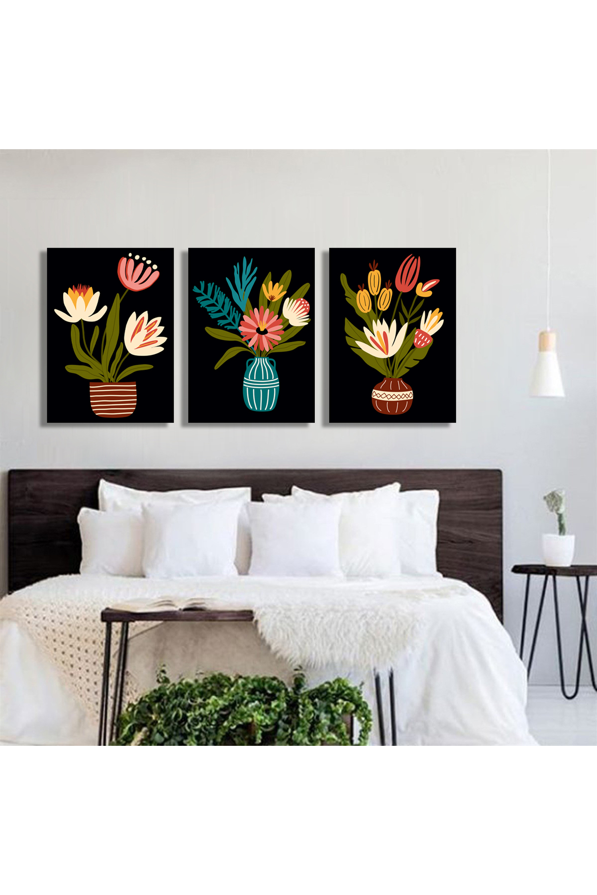 Korkmazkanvas Dekoratif 3'Lü Siyah Çiçek Desen 6. Kanvas Tablo