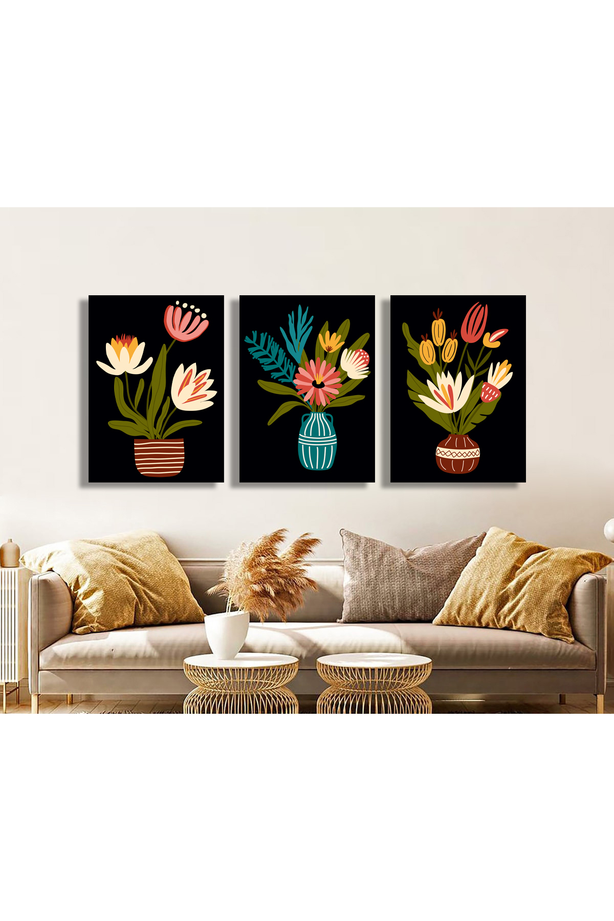 Korkmazkanvas Dekoratif 3'Lü Siyah Çiçek Desen 6. Kanvas Tablo