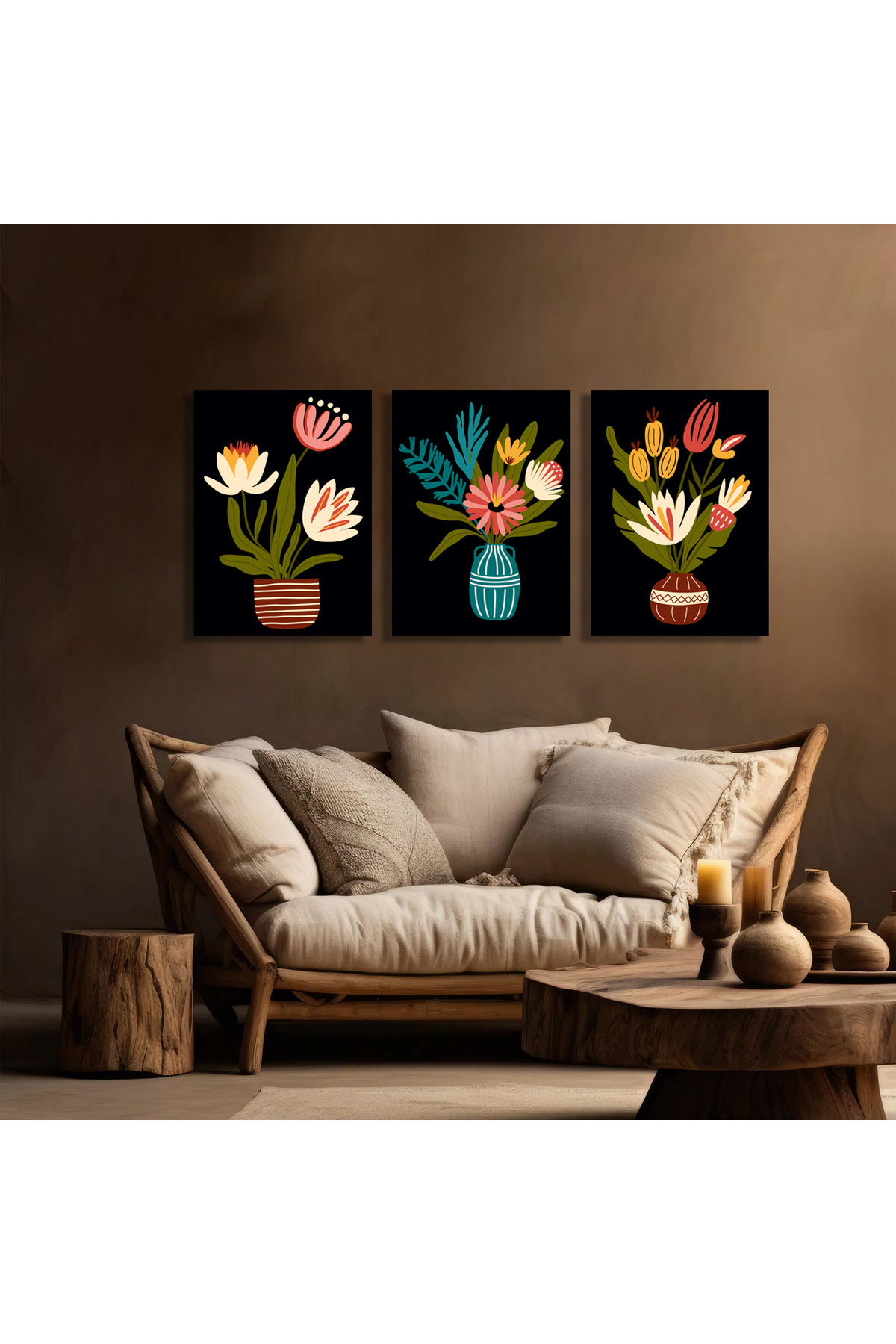 Korkmazkanvas Dekoratif 3'Lü Siyah Çiçek Desen 6. Kanvas Tablo