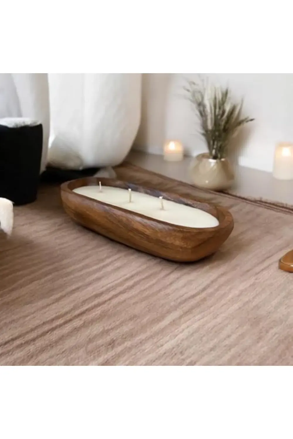 Dekoratif Ahşap Kayık Tabakta Kokulu Soya Mum – 3 Fitilli, Doğal