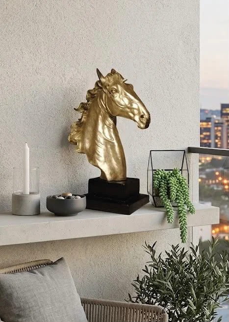 Dekoratif At Kafası Gold Siyah Detaylı Büst Büyük Boy Heykeli