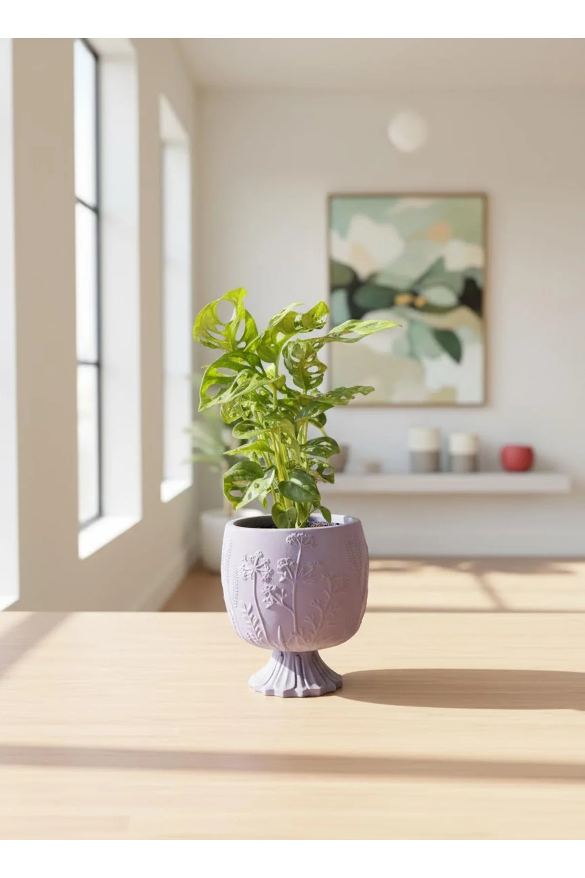 Dekoratif Ayaklı Lila Saksıda Monstera Adansonii Yapay Bitki – Mo
