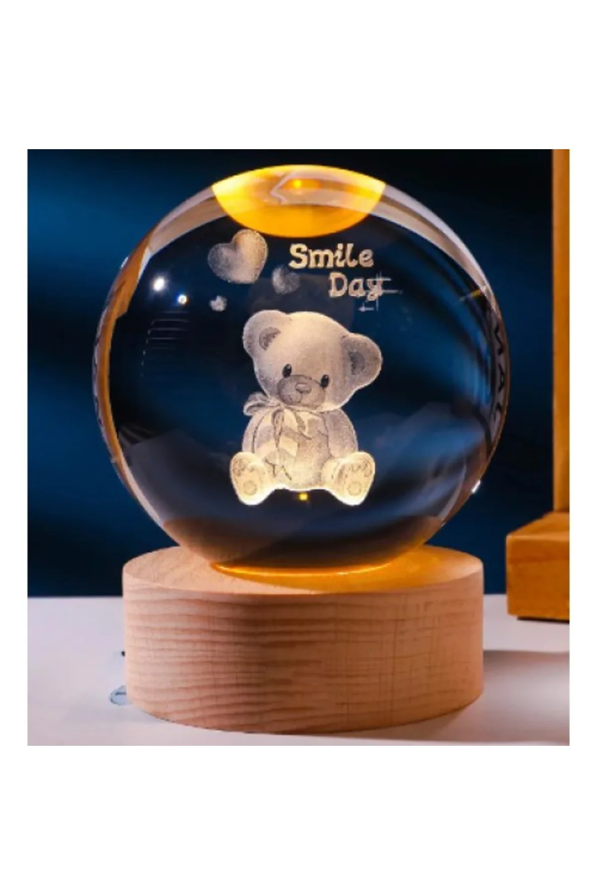 Dekoratif Ayıcık Tasarımlı Ahşap altlıklı Işıklı Cam Küre Büyük B