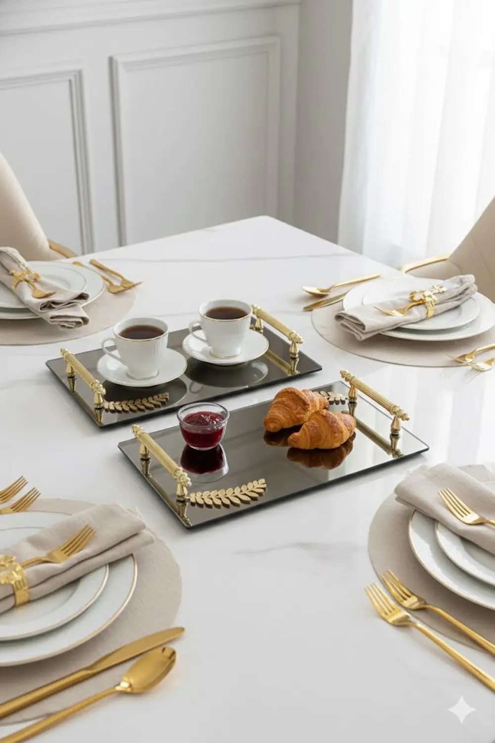 Dekoratif Aynalı Yaprak Desenli Sunum Tepsisi, Çay Tepsisi ,lüx Ç