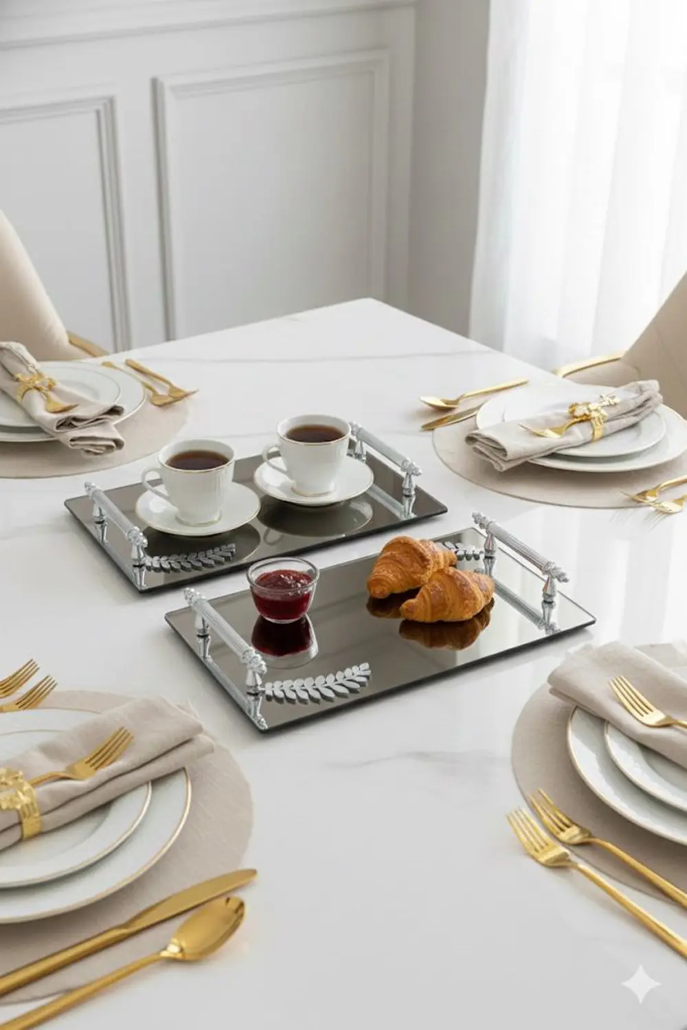 Dekoratif Aynalı Yaprak Desenli Sunum Tepsisi, Çay Tepsisi ,lüx Ç