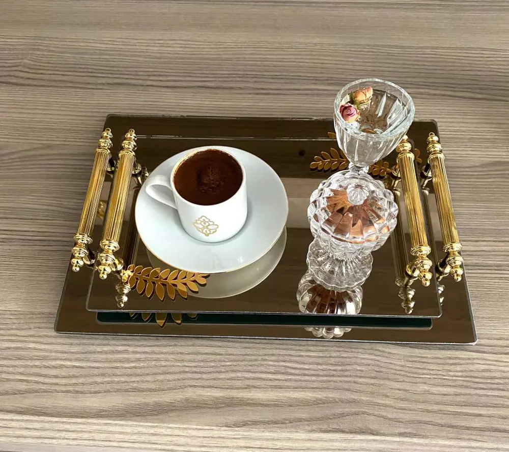 Dekoratif Aynalı Yaprak Desenli Sunum Tepsisi, Çay Tepsisi ,lüx Ç