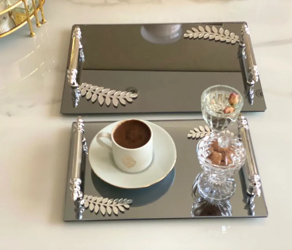 Dekoratif Aynalı Yaprak Desenli Sunum Tepsisi, Çay Tepsisi ,lüx Ç