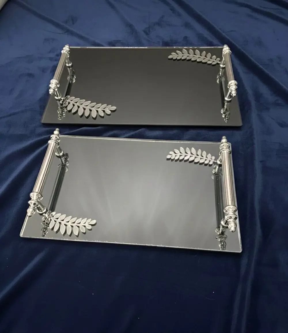 Dekoratif Aynalı Yaprak Desenli Sunum Tepsisi, Çay Tepsisi ,lüx Ç
