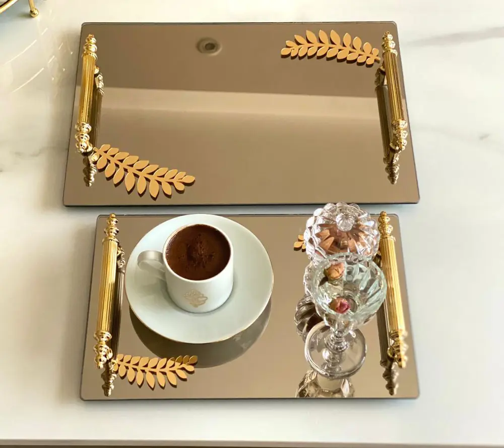 Dekoratif Aynalı Yaprak Desenli Sunum Tepsisi, Çay Tepsisi ,lüx Ç