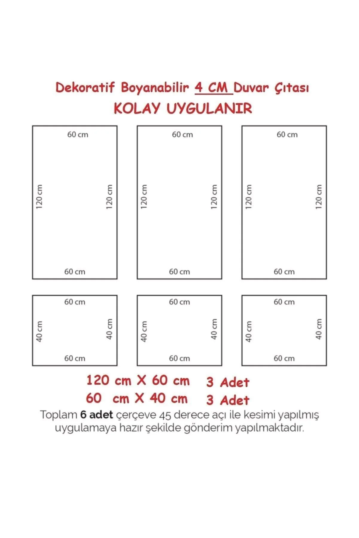 Dekoratif Boyanabilir 4 cm Duvar Çıtası 6 Adet Hazır Kesimli Çerç