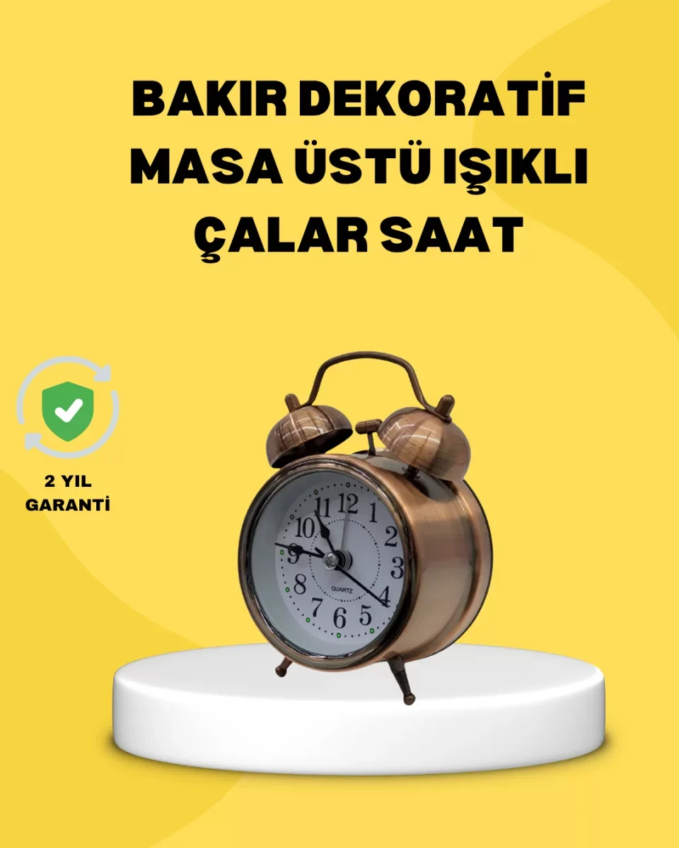 Dekoratif Bronz Renk Metal Alarmlı Masa Üstü Saat Klasik Tasarım - Lisinya