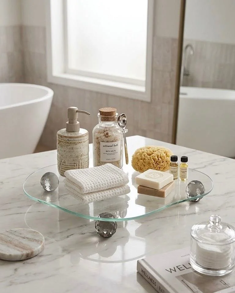 Dekoratif Cam Organizer Banyo Sehpa Üstü Makyaj Organizeri Tepsi 