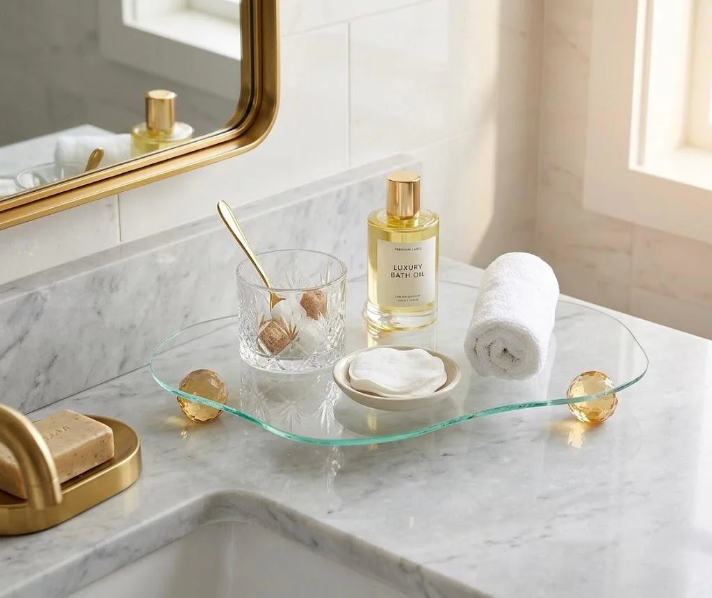 Dekoratif Cam Organizer Banyo Sehpa Üstü Makyaj Organizeri Tepsi 