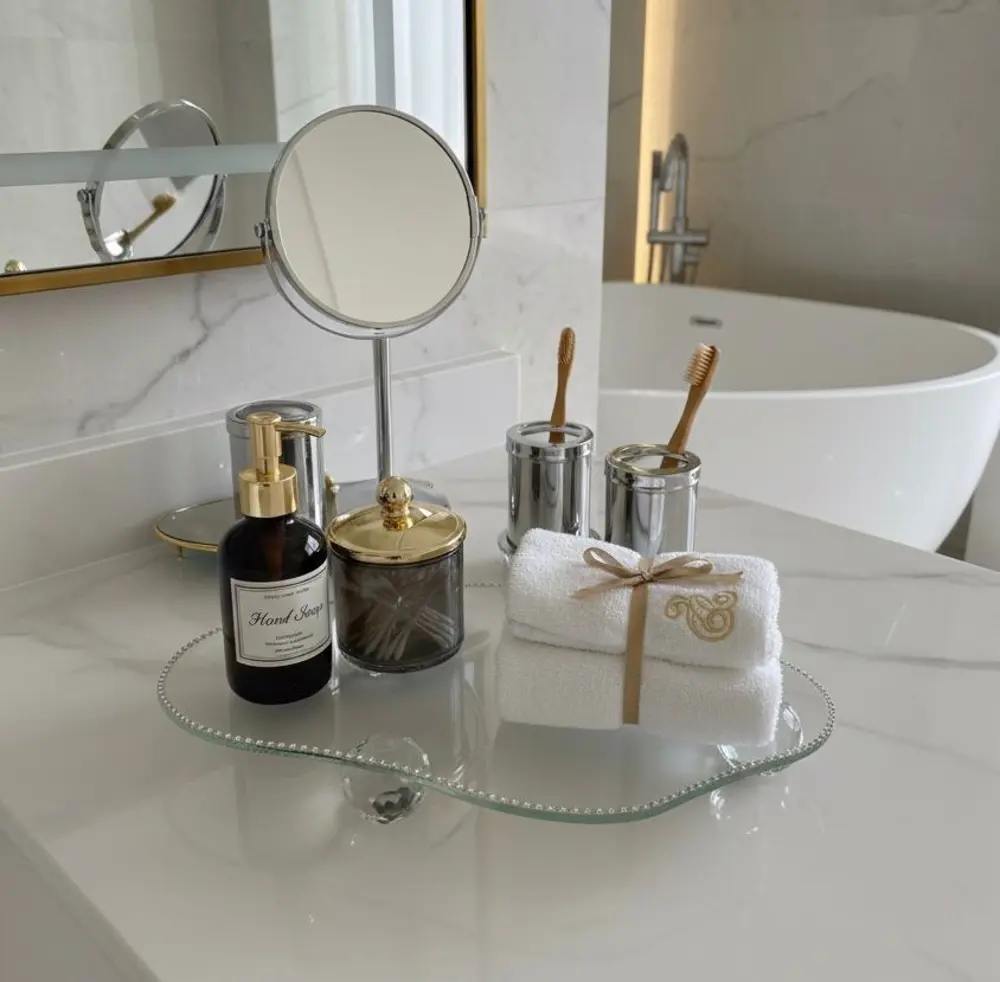 Dekoratif Cam Organizer Banyo Sehpa Üstü Makyaj Organizeri Tepsi 