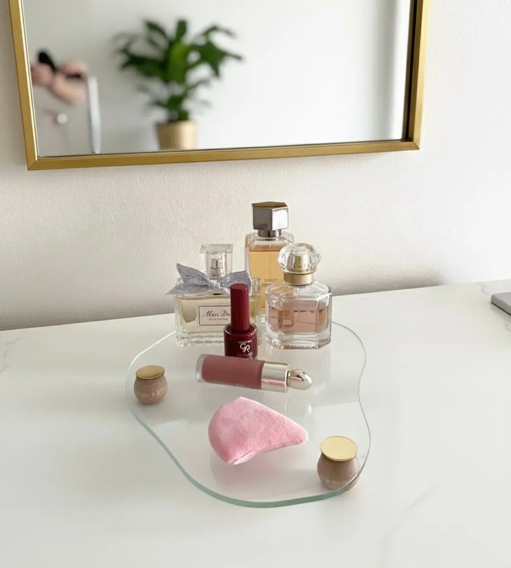 Dekoratif Cam Organizer Banyo Sehpa Üstü Makyaj Organizeri Tepsi Dekoratif Cam Organizer Banyo Sehpa Üstü Makyaj Organizeri Tepsi